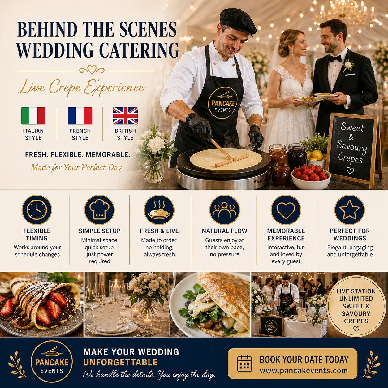 live crepe pancake bar wedding catering London, Why Every London Wedding Needs a Live Crepe Bar: The Science of Happiness